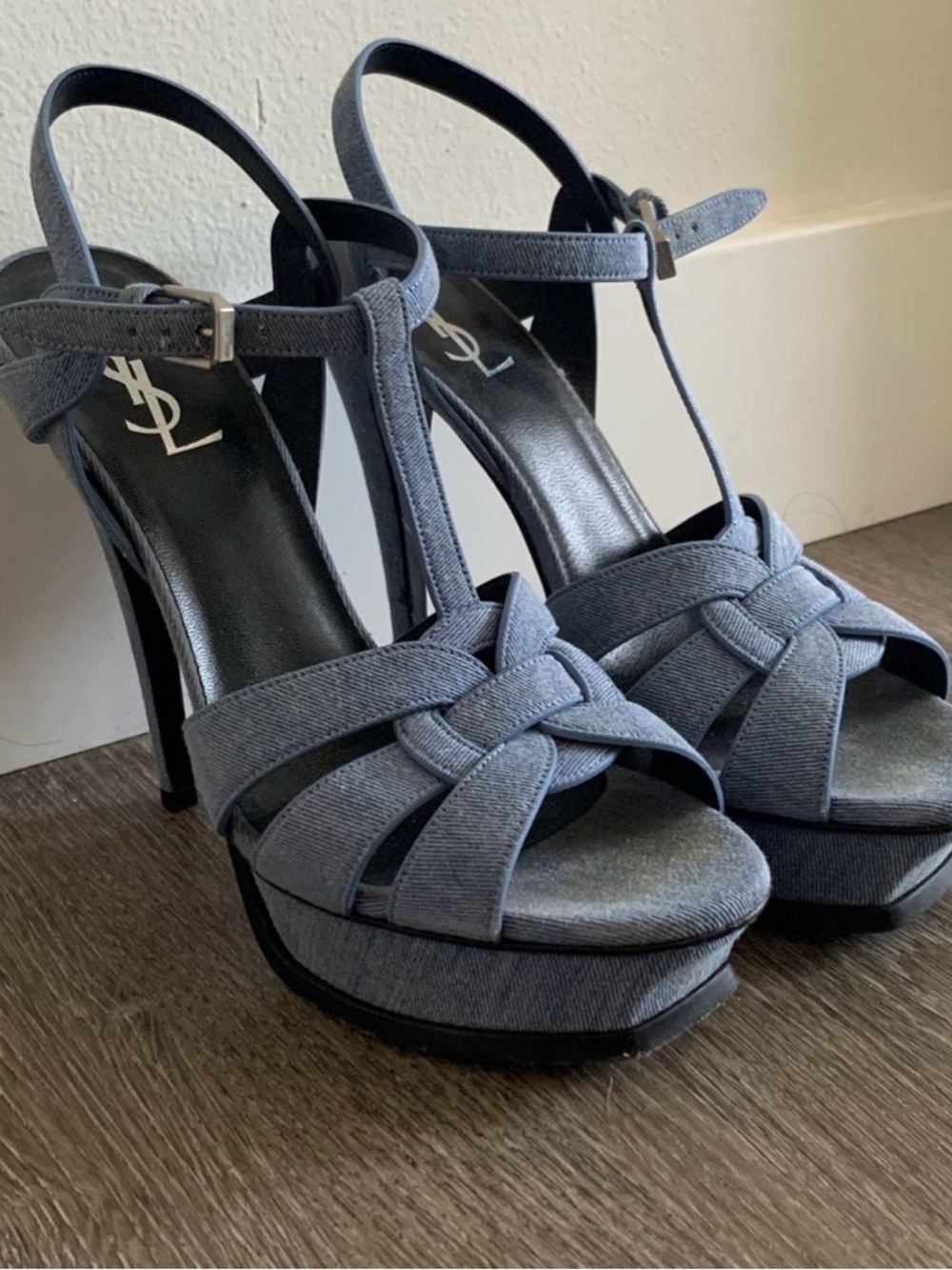 Saint Laurent Denim Knot T-Strap Platform Sandals in Blue